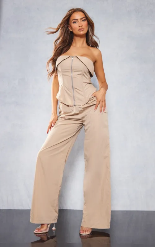Stone Woven Wide Leg Cargo Trousers sold by Pretty Little Thing