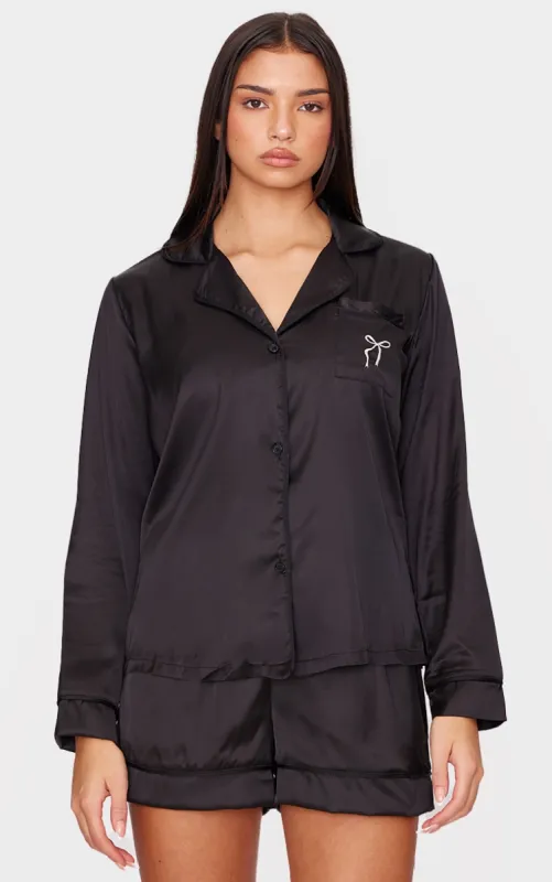 Black Satin Embroidered Bow Short Pj Set sold by Pretty Little Thing