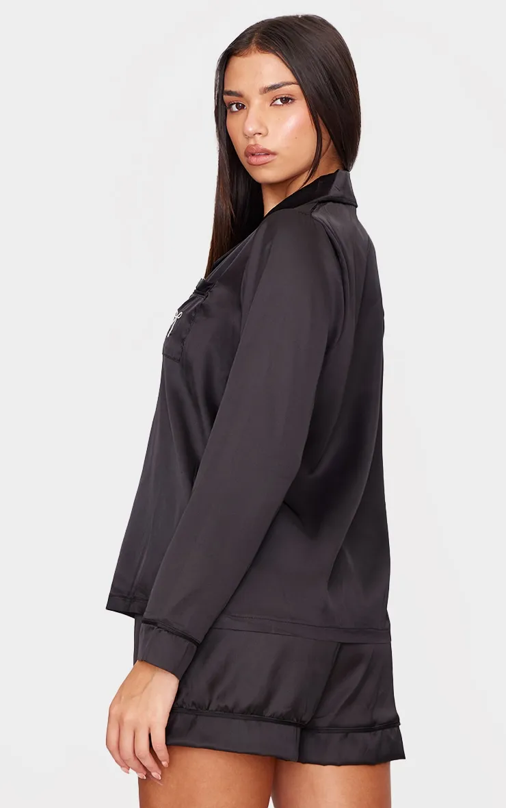 Black Satin Embroidered Bow Short Pj Set sold by Pretty Little Thing product image thumbnail 2