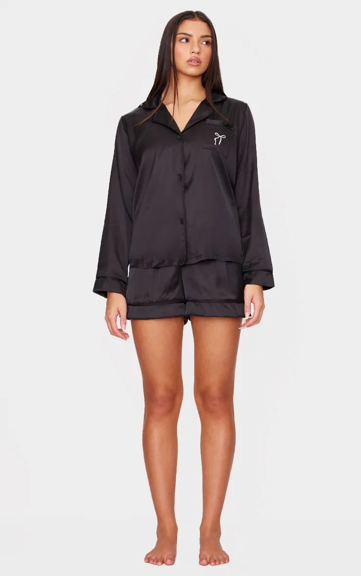 Black Satin Embroidered Bow Short Pj Set sold by Pretty Little Thing product image thumbnail 3