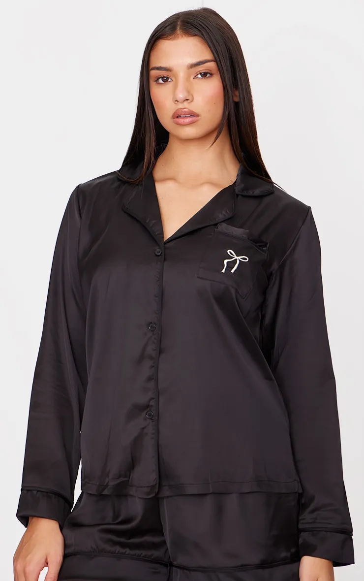 Black Satin Embroidered Bow Short Pj Set sold by Pretty Little Thing product image thumbnail 4