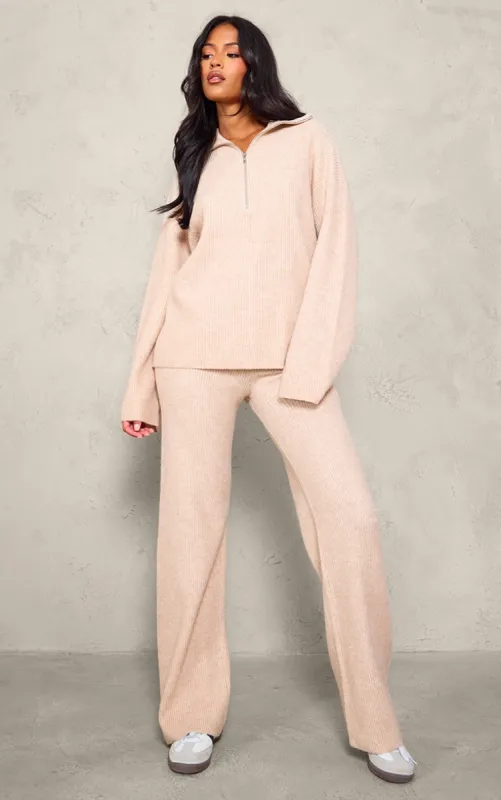 Tall Oatmeal Rib Knit Wide Leg Trousers sold by Pretty Little Thing