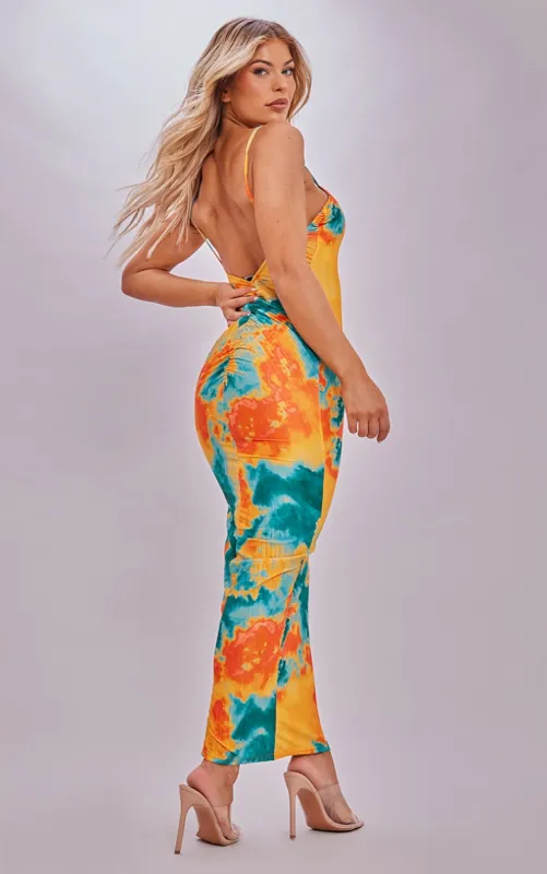 Blue Abstract Plisse Wired Plunge Ruched Bum Maxi Dress made by Pretty Little Thing