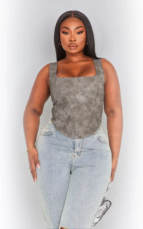 Plus Black Washed Faux Leather Boned Corset sold by Pretty Little Thing