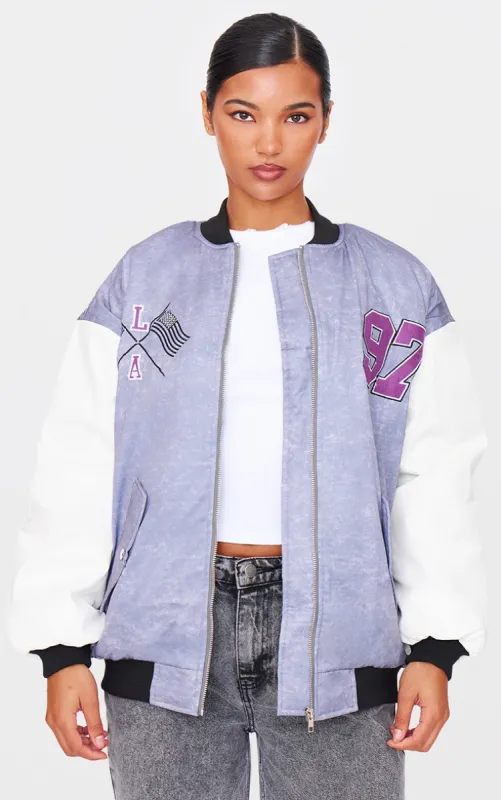 Grey Graphic Detail Oversized Padded Bomber Jacket sold by Pretty Little Thing