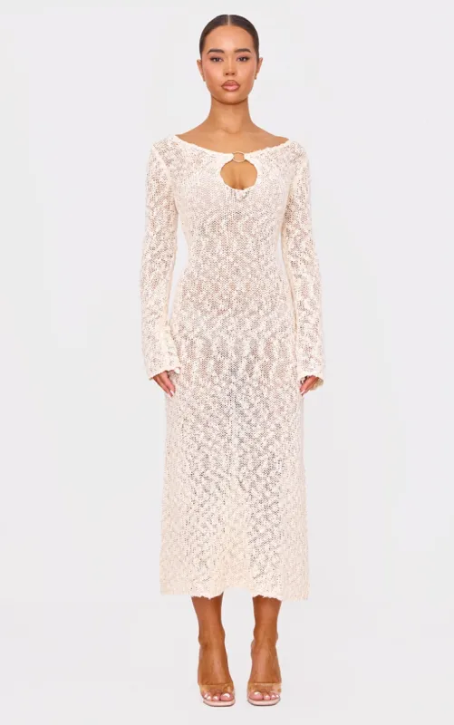 Oatmeal Textured Crochet Knit Long Sleeve Maxi Dress sold by Pretty Little Thing