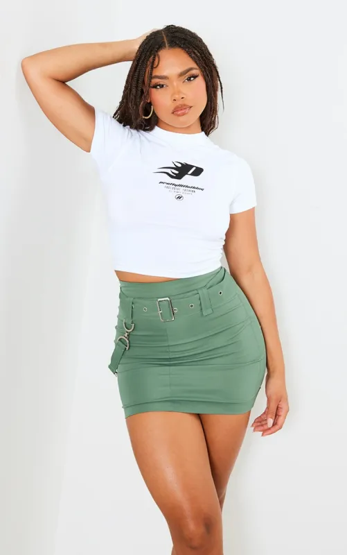 Olive Woven Utility Buckle Detail Mini Skirt sold by Pretty Little Thing