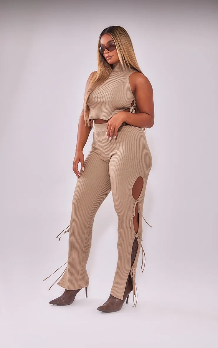 Shape Mocha Knit Tie Side Flared Trousers sold by Pretty Little Thing