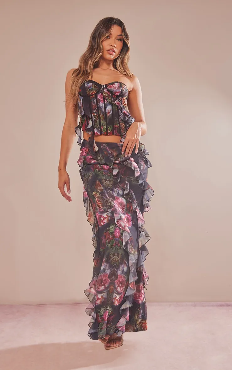 Black Rose Print Chiffon Ruffle Detail Maxi Skirt sold by Pretty Little Thing