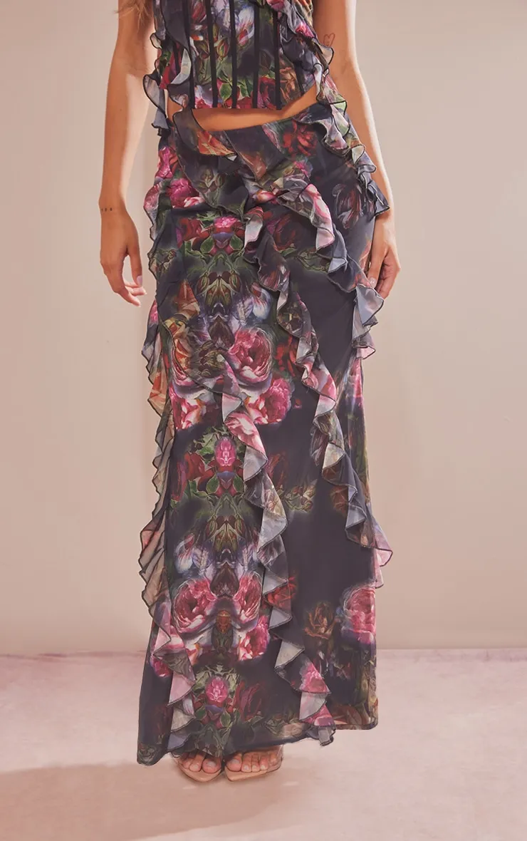 Black Rose Print Chiffon Ruffle Detail Maxi Skirt sold by Pretty Little Thing product image thumbnail 2
