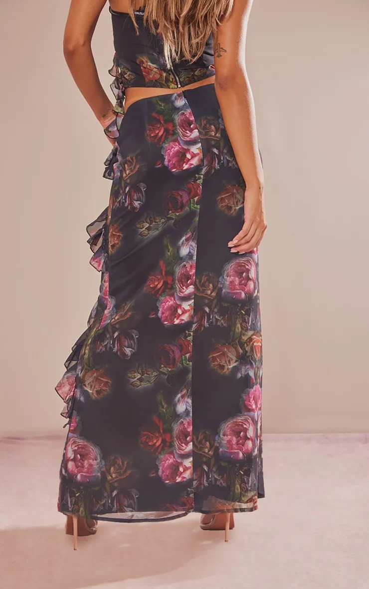 Black Rose Print Chiffon Ruffle Detail Maxi Skirt sold by Pretty Little Thing product image thumbnail 3