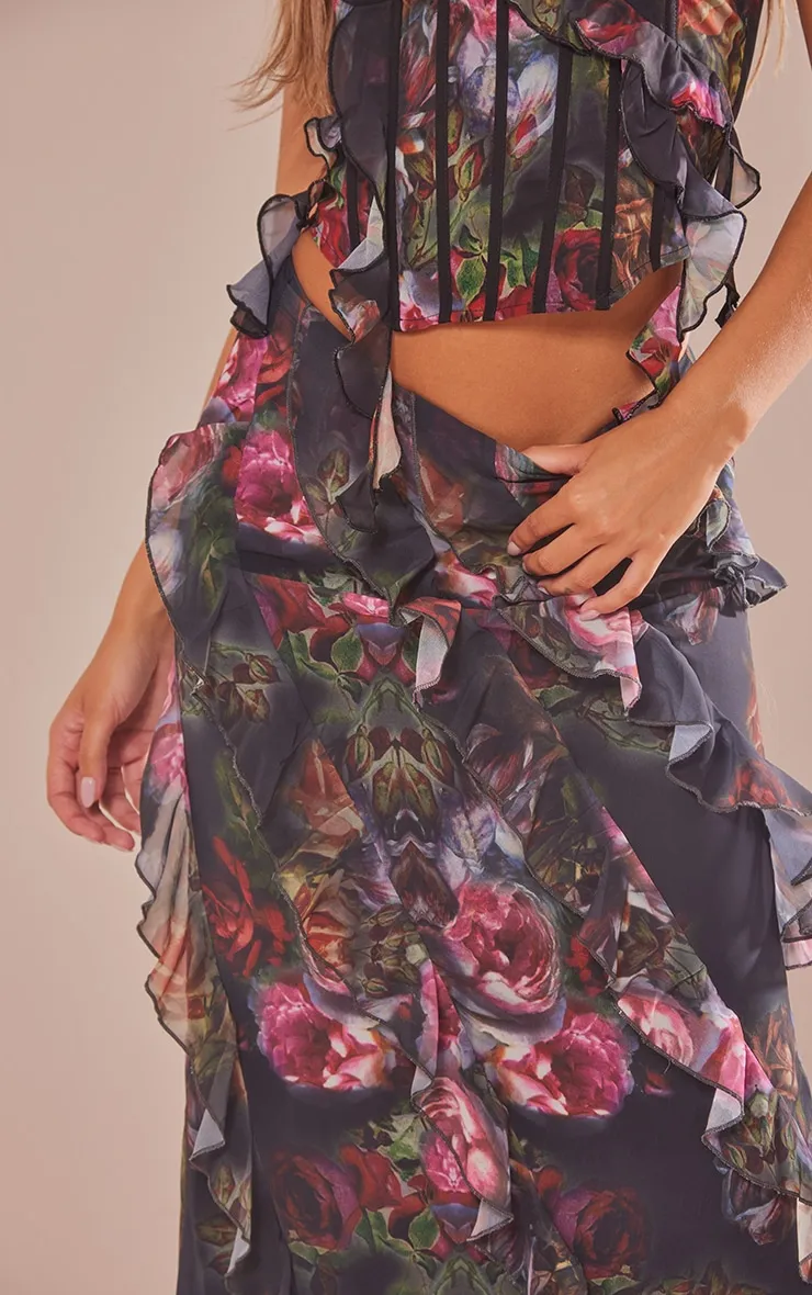 Black Rose Print Chiffon Ruffle Detail Maxi Skirt sold by Pretty Little Thing product image thumbnail 4