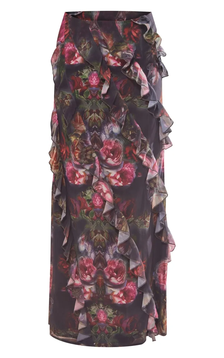 Black Rose Print Chiffon Ruffle Detail Maxi Skirt sold by Pretty Little Thing product image thumbnail 5