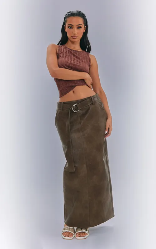 Petite Brown Washed Faux Leather Belted Midi Skirt sold by Pretty Little Thing