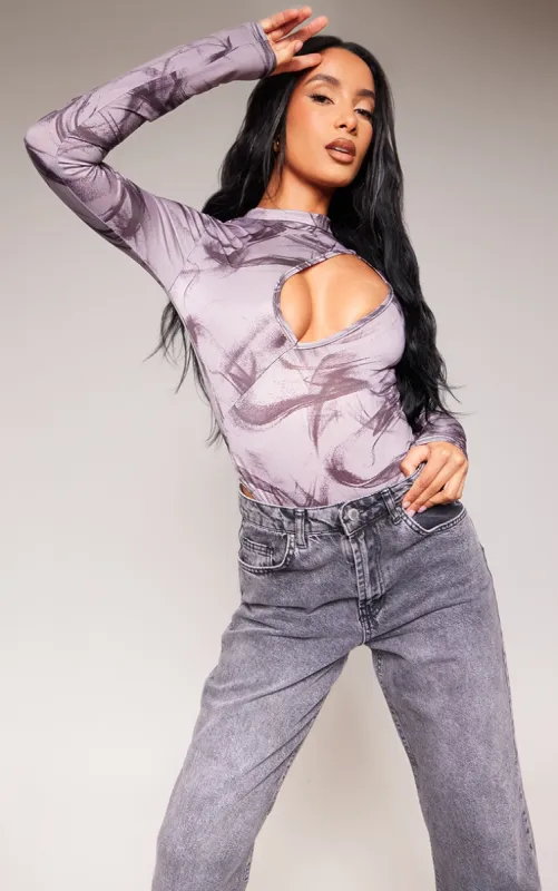 Grey Slinky Printed Cut Out Bodysuit made by Pretty Little Thing