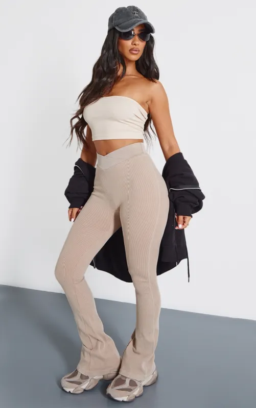 Petite Stone Faded Contour Rib Crossover Flares sold by Pretty Little Thing