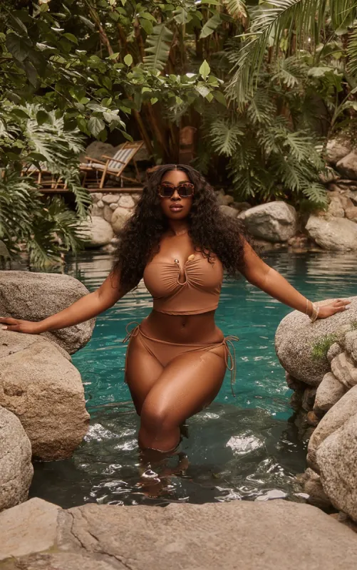 Plus Brown Trim Detail Bandeau Tankini Top sold by Pretty Little Thing