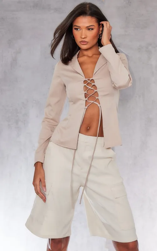 Stone Woven Lace Up Front Shirt sold by Pretty Little Thing