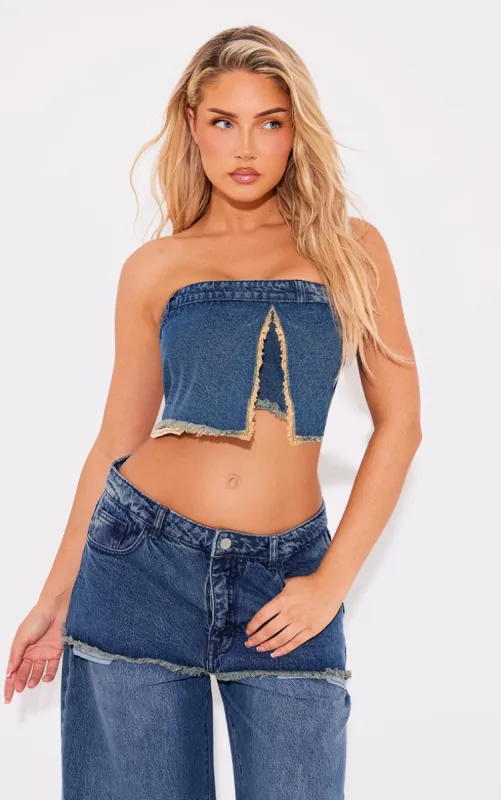 Vintage Wash Exposed Pocket Split Detail Denim Crop Top sold by Pretty Little Thing