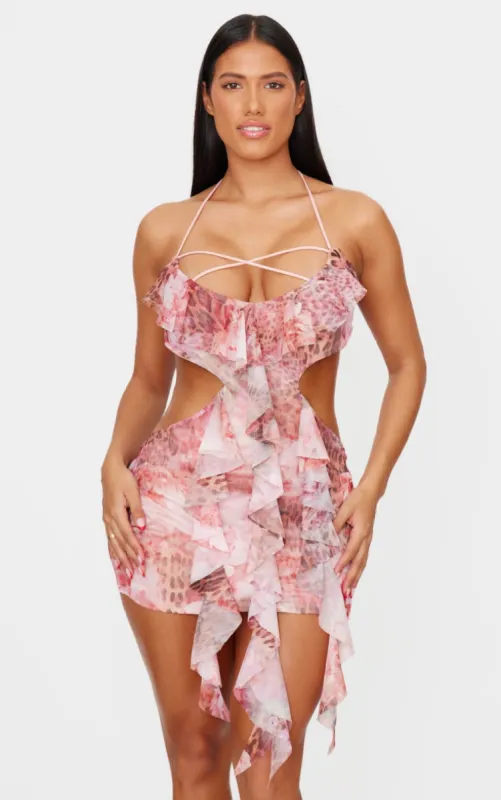 Shape Pink Mesh Printed Ruffle Open Back Halter Dress sold by Pretty Little Thing