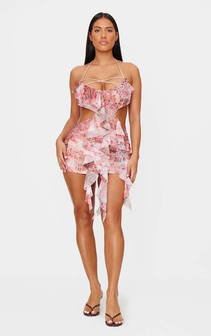 Shape Pink Mesh Printed Ruffle Open Back Halter Dress sold by Pretty Little Thing product image thumbnail 3