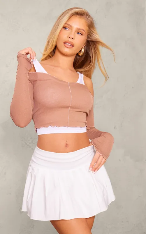 Mocha Burnout Mesh Rib Overlay Crop Top sold by Pretty Little Thing