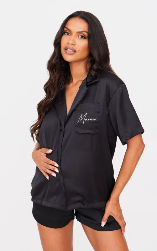 Maternity Black Embroidered Mama Satin Pyjama Short Set sold by Pretty Little Thing