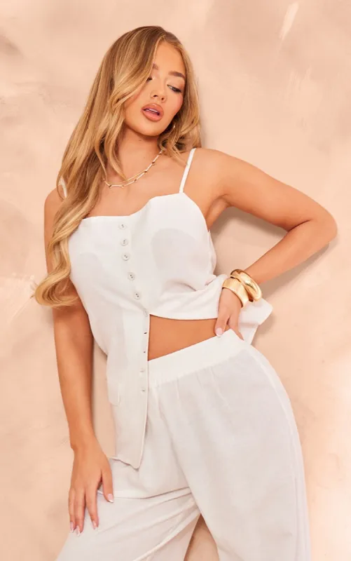 White Linen Look Button Pocket Detail Longline Top sold by Pretty Little Thing