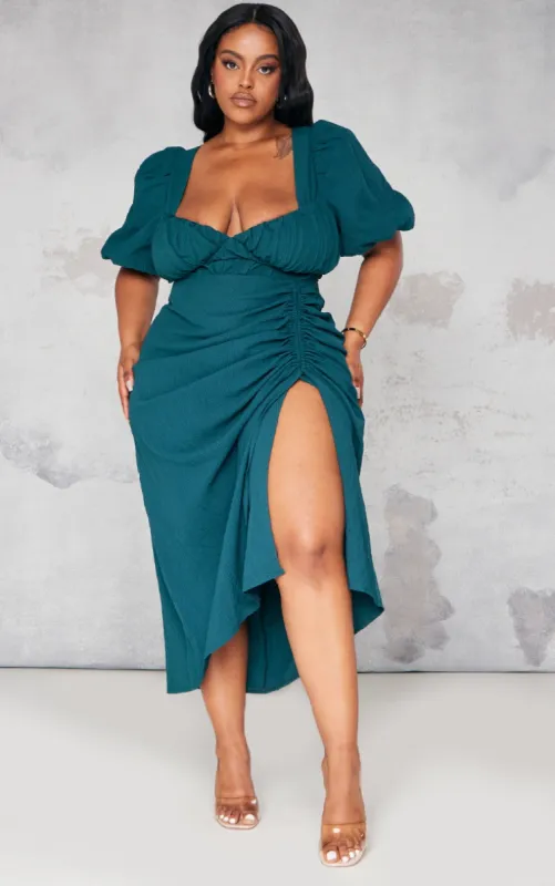 Plus Emerald Green Puff Sleeve Ruched Side Split Midi Dress sold by Pretty Little Thing