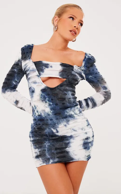Acid Blue Wash Tie Dye Textured Jersey Cut Out Long Sleeve Bodycon Dress sold by Pretty Little Thing
