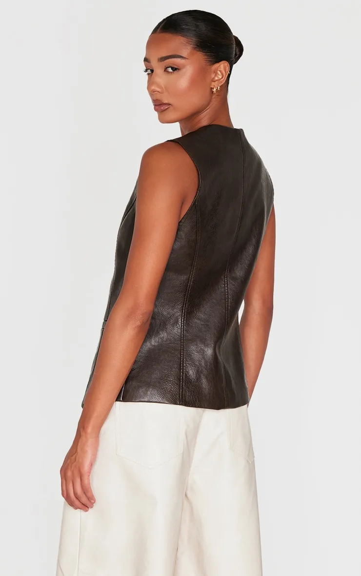Brown Faux Leather Long Line Button Up Waistcoat sold by Pretty Little Thing product image thumbnail 2