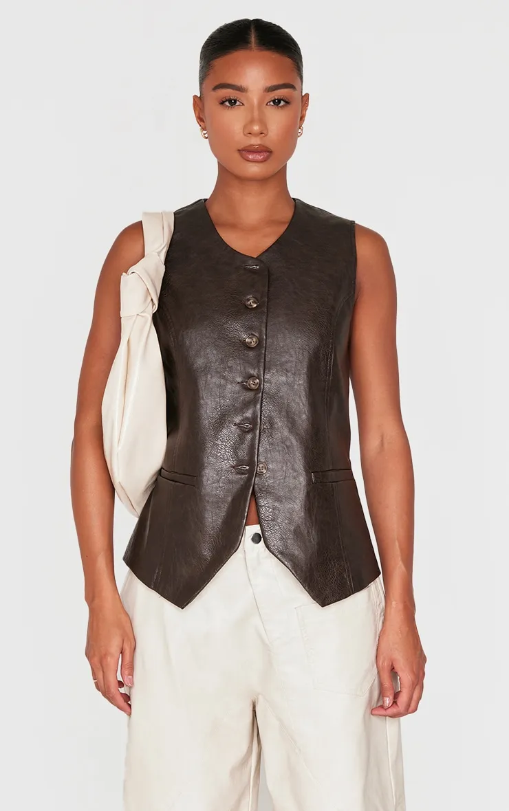 Brown Faux Leather Long Line Button Up Waistcoat sold by Pretty Little Thing product image thumbnail 3