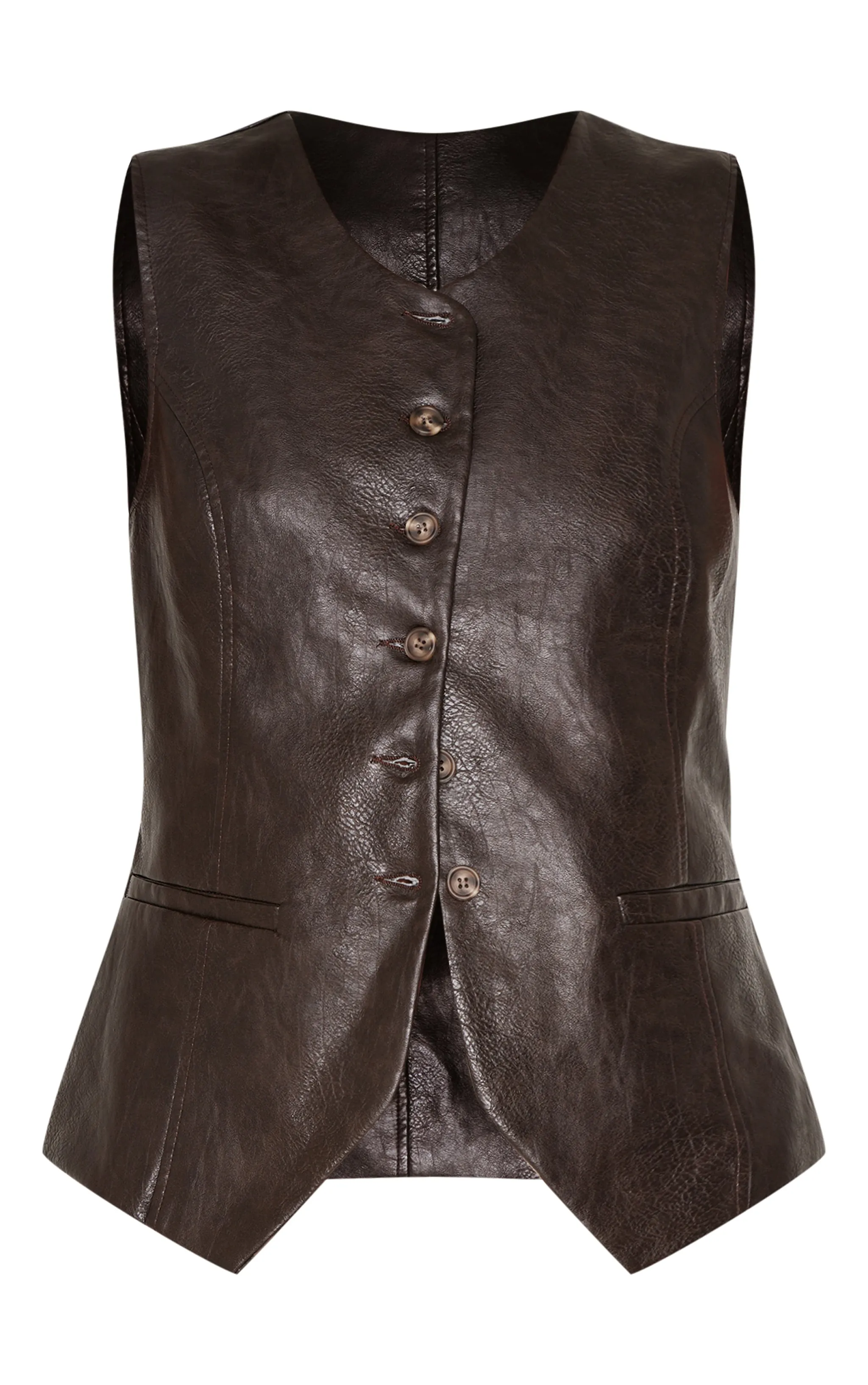 Brown Faux Leather Long Line Button Up Waistcoat sold by Pretty Little Thing product image thumbnail 5