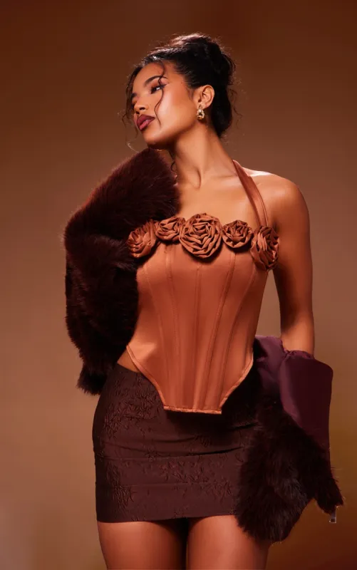 Bronze Satin Rose Applique Trim Halterneck Corset made by Pretty Little Thing