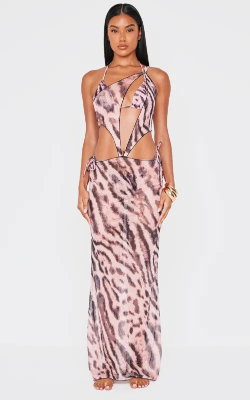 Light Pink Animal Print One Shoulder Mesh Maxi Beach Dress sold by Pretty Little Thing