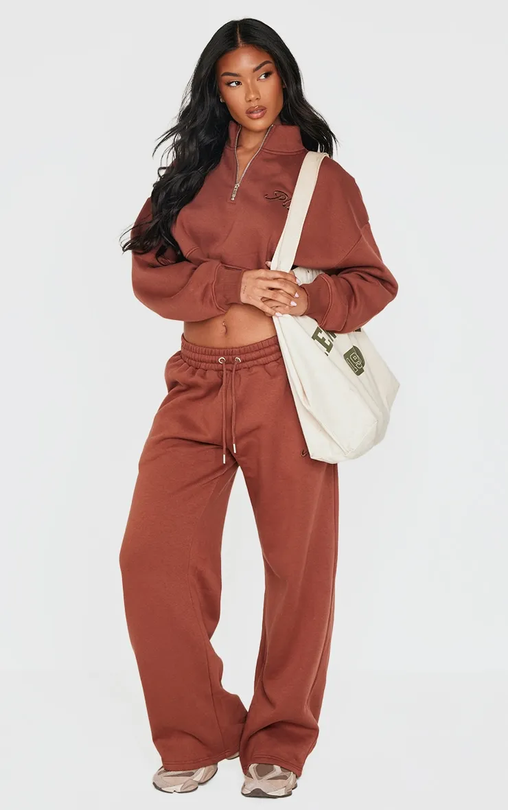 PRETTYLITTLETHING Chocolate Tonal Embroidered Wide Leg Joggers sold by Pretty Little Thing