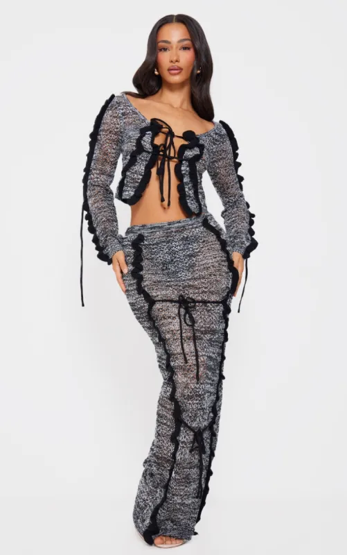 Petite Black Open Knit Frill Detail Maxi Skirt sold by Pretty Little Thing