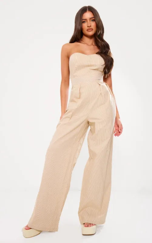 Stone Stripe Bandeau Cotton Pleated Detail Wide Leg Jumpsuit sold by Pretty Little Thing