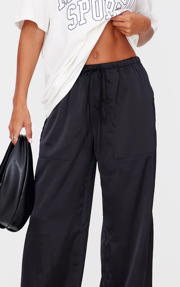 Black Premium Satin Low Rise Wide Leg Drawstring Trousers sold by Pretty Little Thing product image thumbnail 4