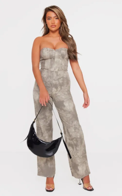 Grey Acid Wash Bandeau Wide Leg Jumpsuit sold by Pretty Little Thing