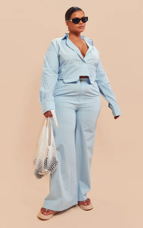 Plus Blue Poplin Pinstripe Tailored Wide Leg Trousers made by Pretty Little Thing