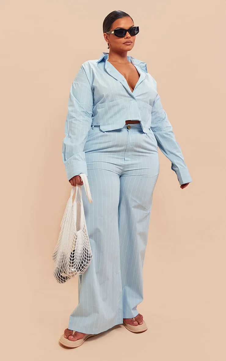 Plus Blue Poplin Pinstripe Tailored Wide Leg Trousers sold by Pretty Little Thing