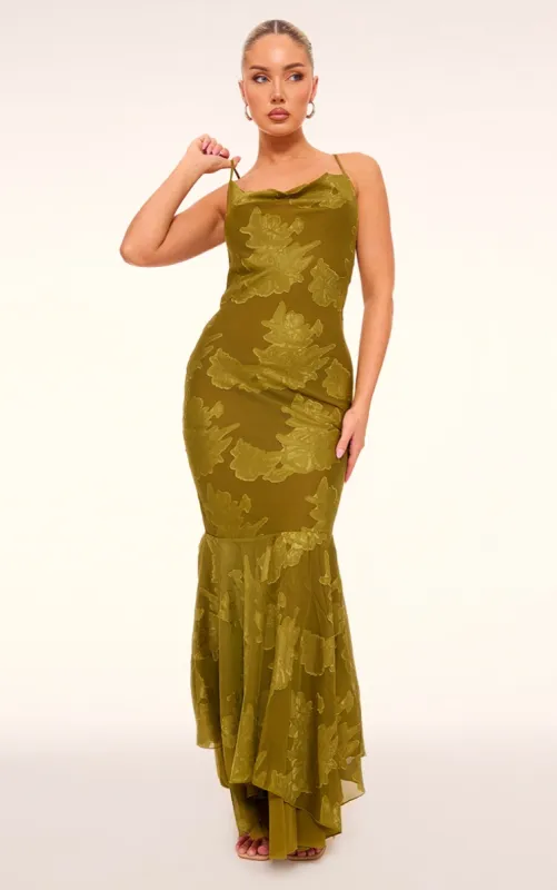 Olive Floral Devore Cowl Neck Frill Hem Maxi Dress sold by Pretty Little Thing