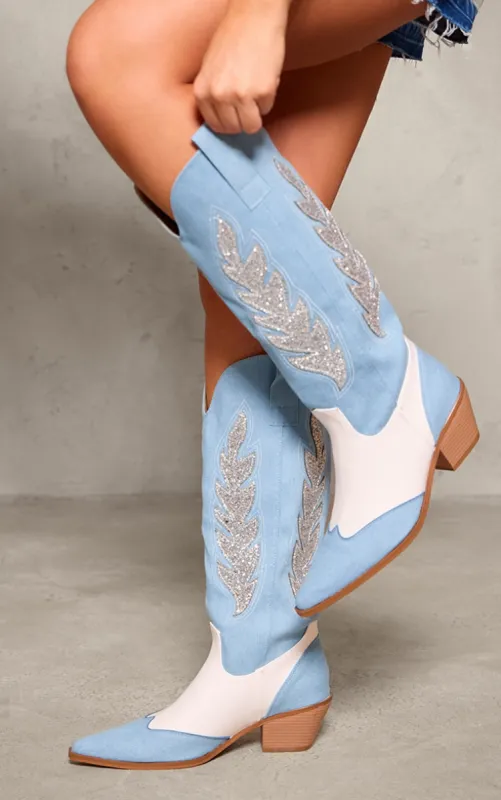 Blue Denim Point Toe Diamante Knee High Western Boots sold by Pretty Little Thing