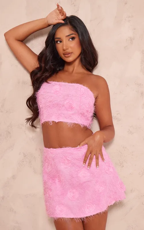 Petite Bright Pink Fluffy Rose Detail Bandeau Crop Top sold by Pretty Little Thing