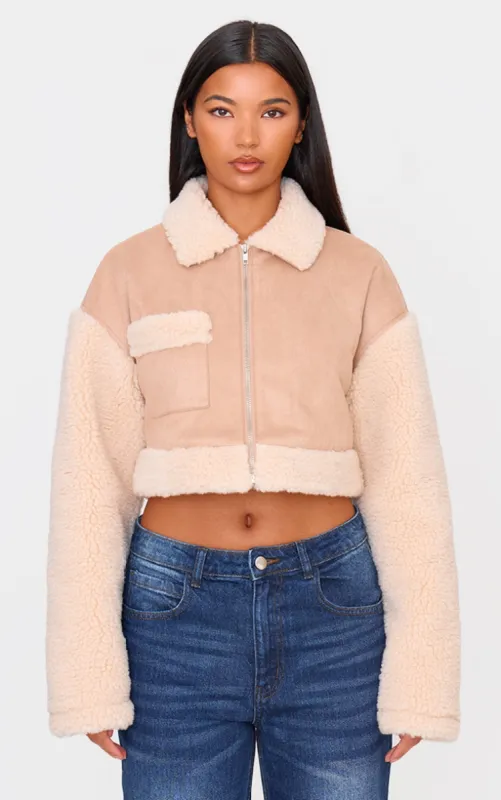 Sand Faux Suede Contrast Borg Cropped Jacket sold by Pretty Little Thing