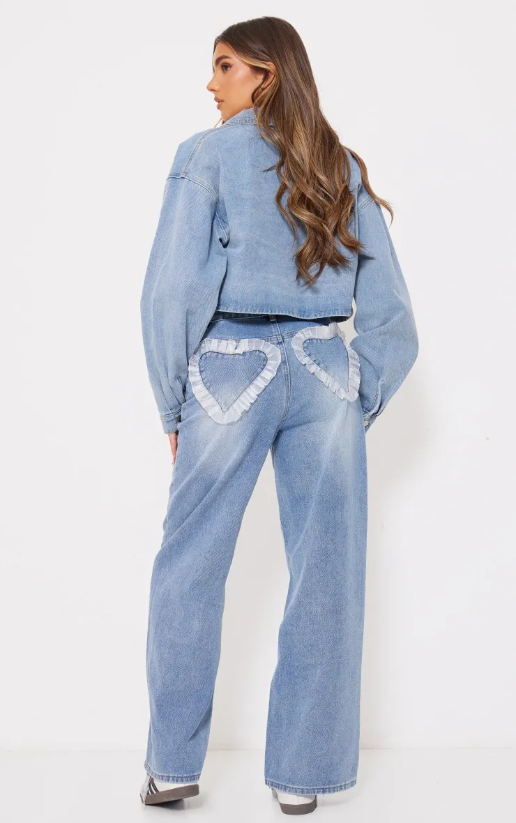 Light Blue Chiffon Heart Pocket Detail Wide Leg Jean sold by Pretty Little Thing