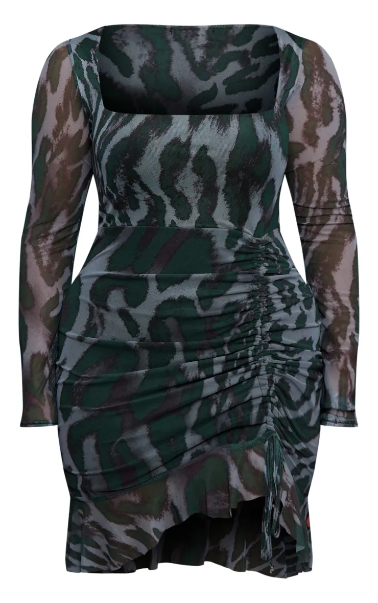 Shape Green Abstract Print Mesh Long Sleeve Ruched Side Frill Hem Bodycon Dress sold by Pretty Little Thing product image thumbnail 5