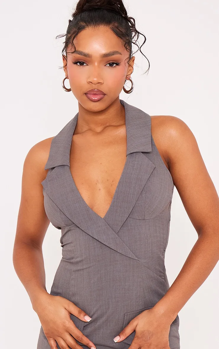 Charcoal Woven Halter Neck Pocket Detail Mini Dress sold by Pretty Little Thing product image thumbnail 4