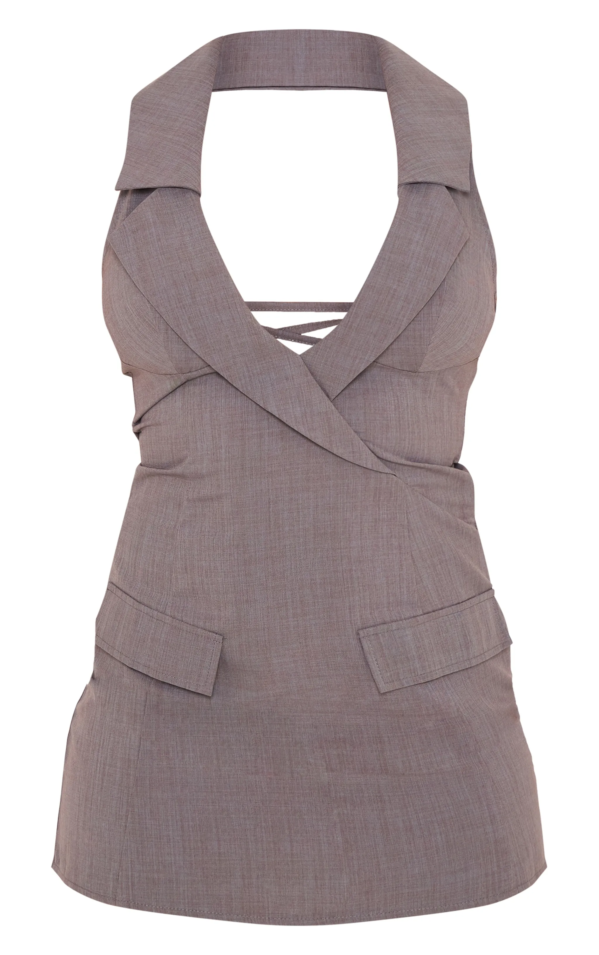Charcoal Woven Halter Neck Pocket Detail Mini Dress sold by Pretty Little Thing product image thumbnail 5